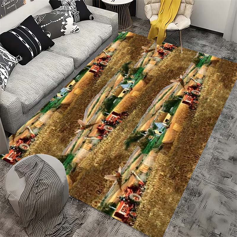 Farm Tractor Themed Play Rug, Soft Non-Slip Carpet with Green Harvesters & Crops Pattern, for Kids Bedroom & Playroom