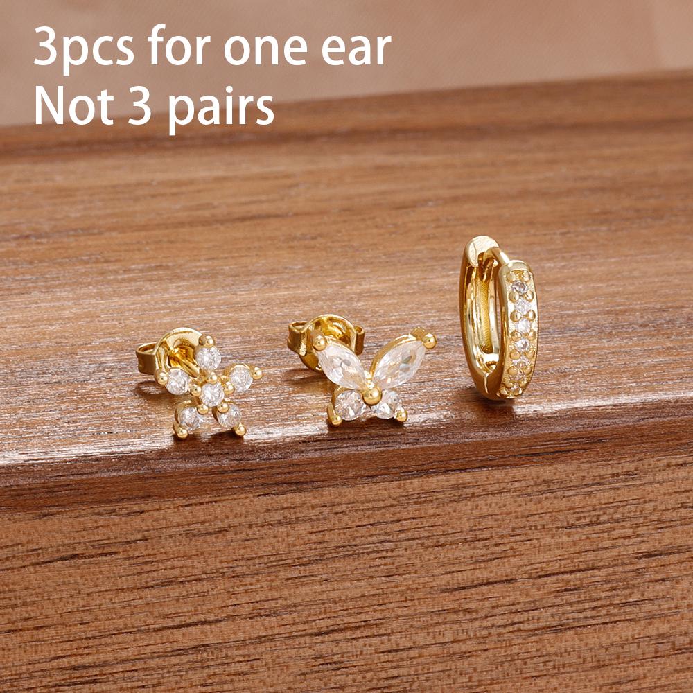 3PCS Korean Stainless Steel Butterfly Crystal Zirconia Round Hoop Earrings Set For Women Gold Plated Fashion Jewelry Gift Aretes