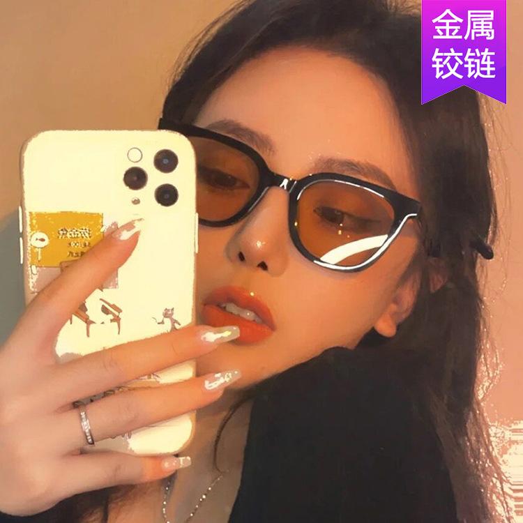 Rice nail sunglasses brown cat eye sunglasses new female Internet celebrity sunglasses trendy street shot