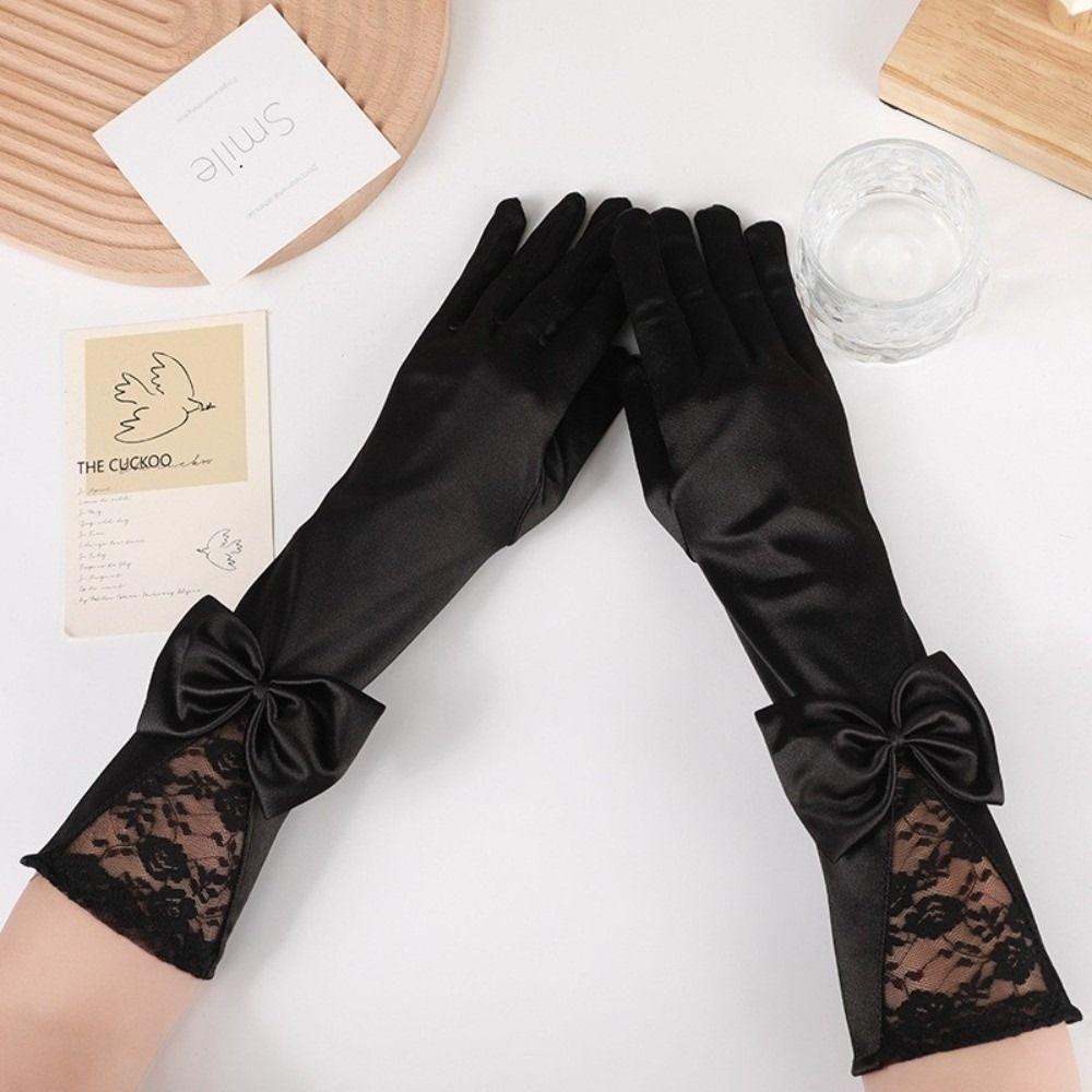 Bowknot Satin Bride Gloves Long Sleeves Etiquette Gloves Wedding Dress Accessories