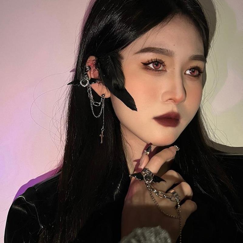 Goth Punk Halloween Devil Stud Earrings Women Rhinestones Crossed Chain Ear Clip Halloween New Year Costume Accessories