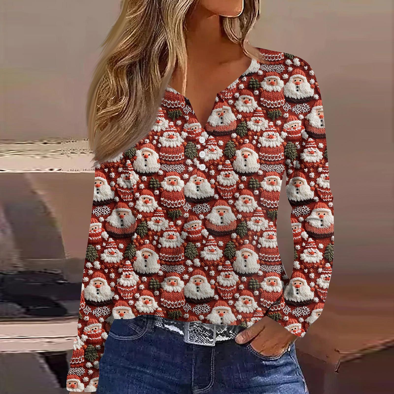 

Женская модная повседневная футболка с V-образным вырезом, на пуговицах, с длинным рукавом, с рождественским принтом XL арбуз красный