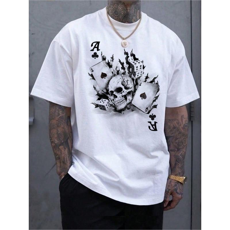 

European sizes Men s Skulls & Poker Cards Printed Short Sleeve T-Shirt Family T-Shirt 4XL білий