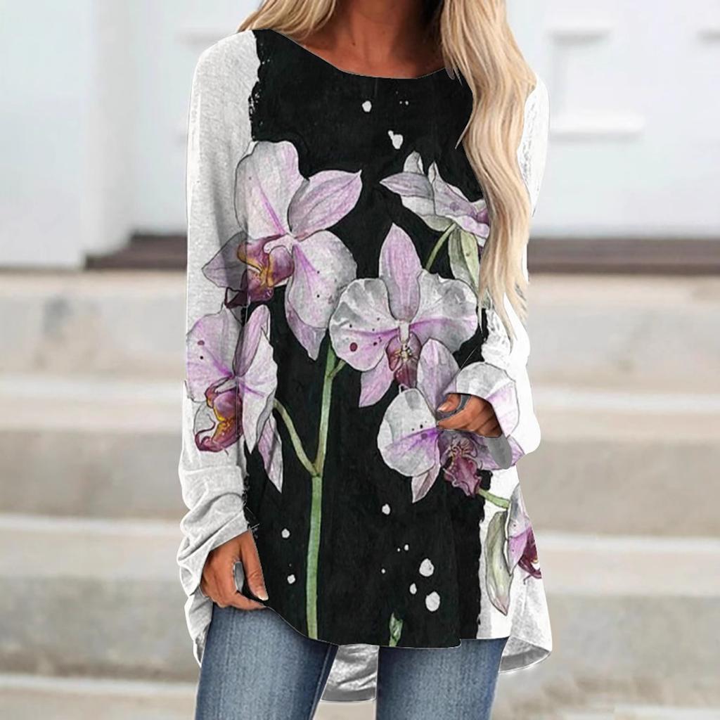 Round Neck 3D Flowers Butterflies Dragonflies Printed Top Fashionable Casual Long Sleeved Women's T-shirts