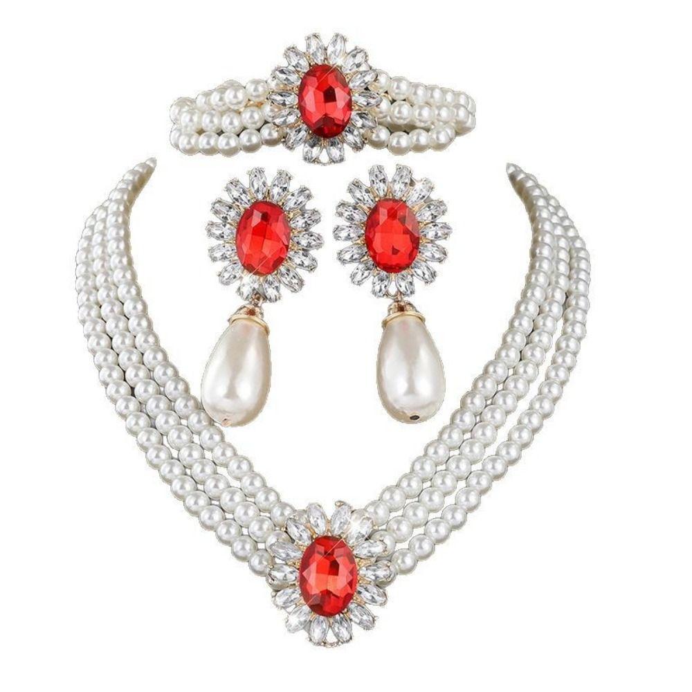 Inlaid Rhinestone Multilayer Jewelry Set Shining Clavicle Chain Pearl Necklace Earring Set Bridal