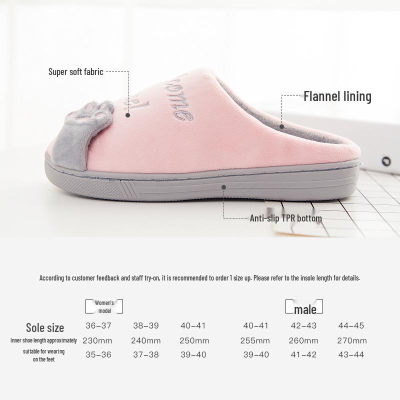 Winter Women's Cute Cartoon Closed Heel Velvet Slippers - Non-slip, Warm, Indoor Cotton Fur for Couples
