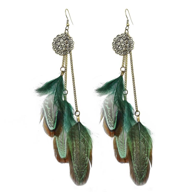 Bohemian Feather Earrings For Women Vintage Retro Ethnic Hollow Geometric Round Handmade Chain Long Earings Indian Party Zircon