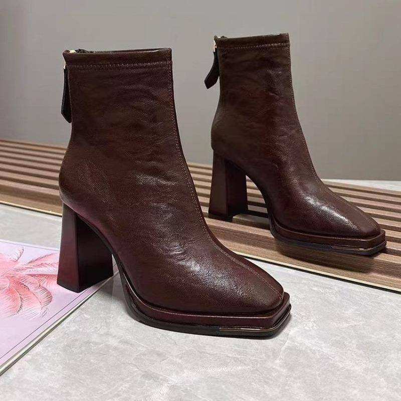 Metal Anti collision Square toe Booties Autumn and Winter New Rear Zipper Soft Sole slip resistant High top Heels 36 3840₽