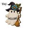 Pumpkin Theme Ornaments Halloween Ghost Welcome Door Hanger, Cute Wooden Sign with Witch Hat & Hanger Elements, Fall Indoor Outdoor Wall Decor