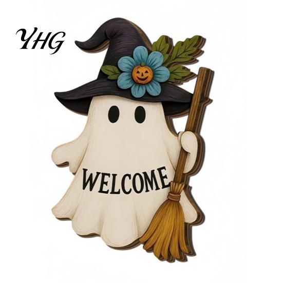 Pumpkin Theme Ornaments Halloween Ghost Welcome Door Hanger, Cute Wooden Sign with Witch Hat & Hanger Elements, Fall Indoor Outdoor Wall Decor