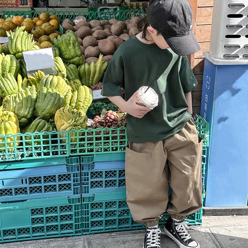 Boys Spring and Summer Round Neck Handsome T-shirt Middle and Big Children Solid Color Short-sleeved Casual Sports Tops