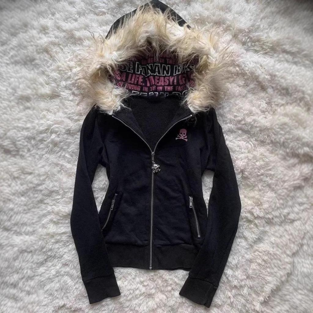 Y2K Kapuzen-Cardigan-Sweatshirt im japanischen Stil mit Buchstabenprint und Pelzkragen