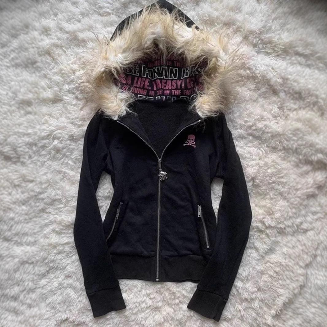 

Y2K Japanese Style Hooded Cardigan Sweatshirt with Letter Print and Fur Collar Small
