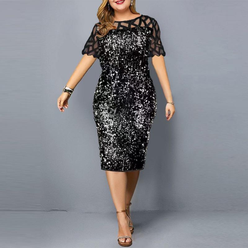 Women Plus Size Sequin Lace Short Sleeve Bodycon Midi Casual Dress