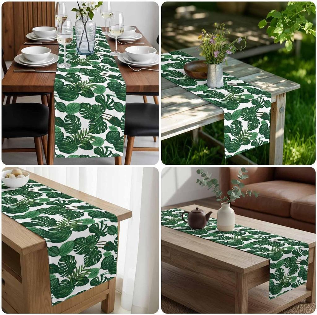 Summer Tropical Palm Leaf Linen Table Runner Party Decor Reusable Farmhouse Kitchen Dining Table Runner Wedding Decorations