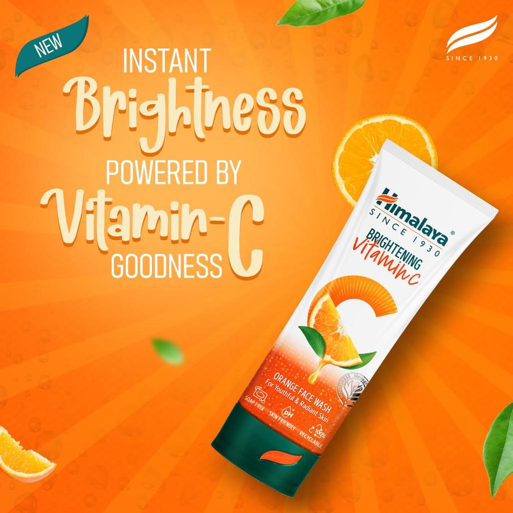 Himalaya Brightening Vitamin C Orange Face Wash 100ml Natural Radiance Boosting Cleanser for Dull Skin Removal