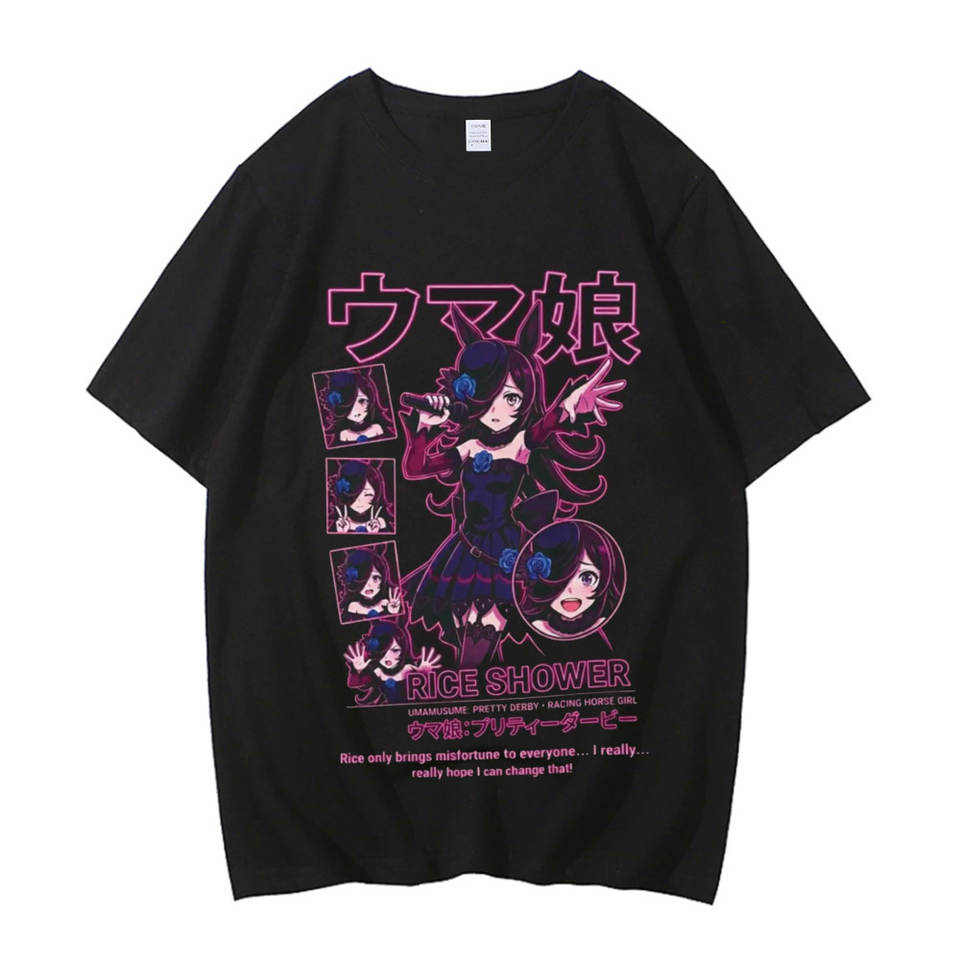 Uma Musume Pretty Derby Rice Shower Graphic T‑Shirt Anime Print Men Women Casual Short Sleeve Unisex Streetwear Manga Tees Tops