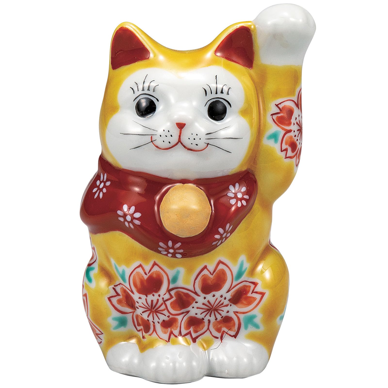 

Kutani Ware Celebrating Business Prosperity and Good Left Approximately 10cm Size Yellow Glazed with Cherry Maneki-neko Figurine, Fortune, Handed,