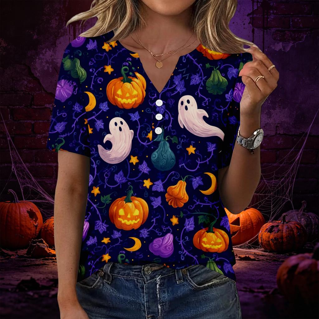 Women V Neck Short Sleeve T Shirt with Decorative Buttons Halloween Print Casual Loose Fit Top for Everyday Wear