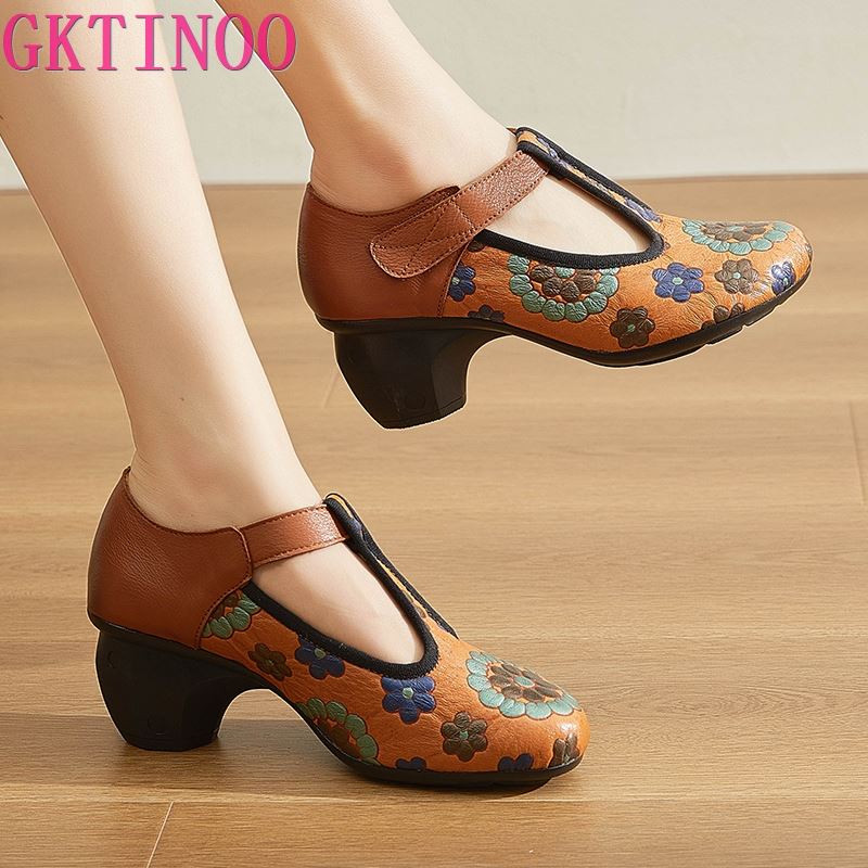 Fashion GKTINOO Retro Pumps Women Shoes Genuine Leather 2025 New Autumn High Heels Hook & Loop Round Toe Sewing Handmade Ladies Shoes