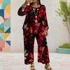 Women Plus Size Red Floral Printed Round Neck Long Sleeve Layered Top Wide Leg Cropped Pants Two Piece Set
