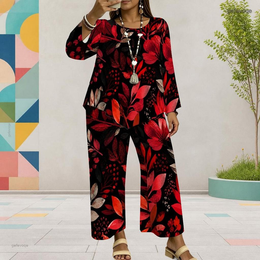 Women Plus Size Red Floral Printed Round Neck Long Sleeve Layered Top Wide Leg Cropped Pants Two Piece Set