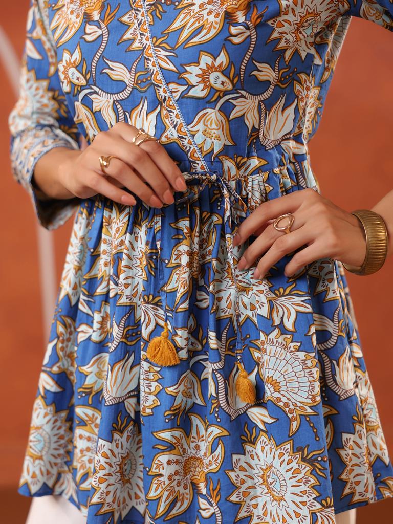 Blue Floral Printed V Neck Cotton Top