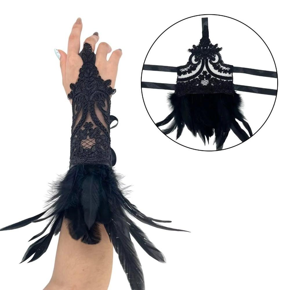 Embroidery Halloween Feather Cuffs Lace Women Feather Lace Gloves Cosplay Props