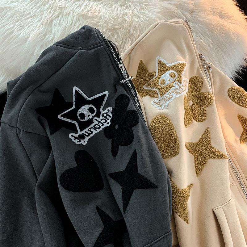 Retro Letter Embroidered Hooded Cardigan: Thick, Plus-Size Velvet Sweater for Couples