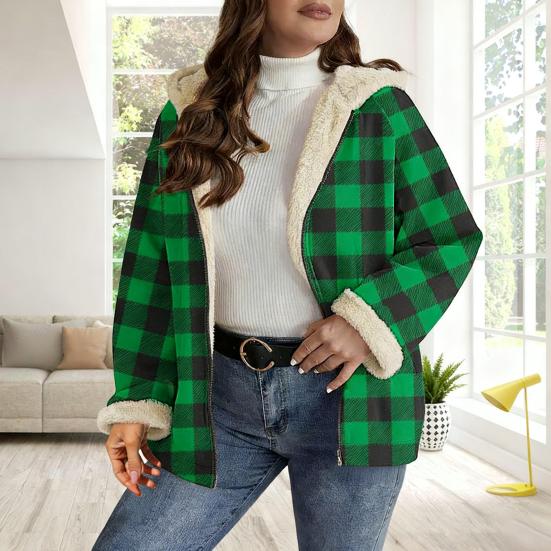Women's Sherpa Plaid Shacket Long Sleeve Fleece Lined Jacket Oversized Warm Zip Up Hooded Coat Winter Outerwear