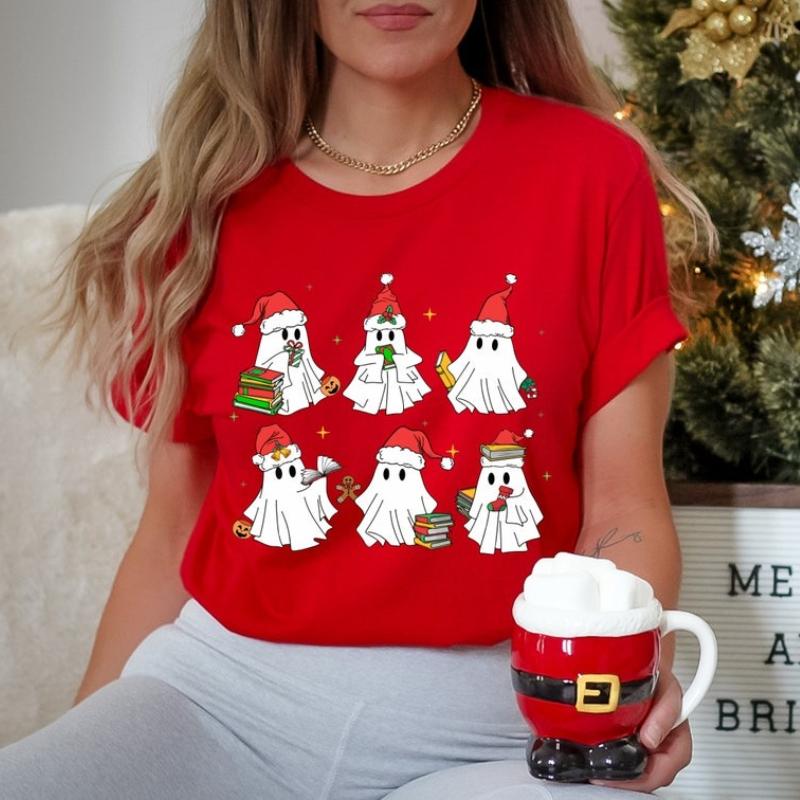 Christmas Ghost Book Cotton TShirt Lover Gift for Worm Bookish Read More Book Book Nerd Breathable Soft Simple Women Clothes