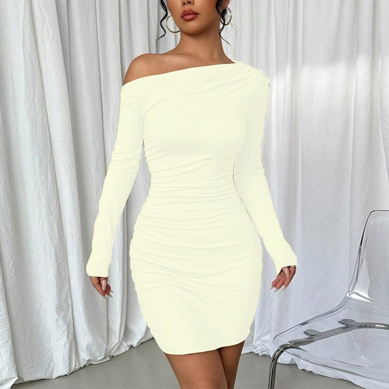 Solid Color Slim Dress Autumn New Oblique Shoulder Long Sleeve Hip Skirt