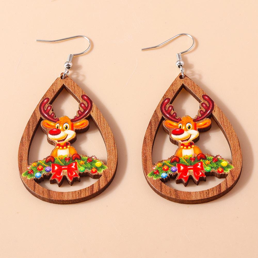 Cross-border Hollow Teardrop Wooden Christmas Earrings with Reindeer and Snowman