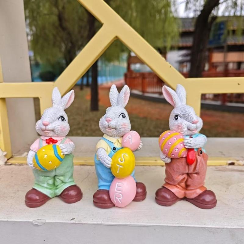 Easters Rabbit Sculpture Colorful Bunnies with Eggs Resins Figurine Statue Ornament for Home and Garden Decoration Gift
