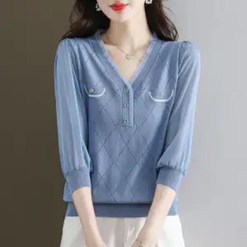 Chiffon Shirt Thin Base T-shirt Gauze Sleeve Top Seven-quarter Sleeve Elegant Versatile Ice Silk Sweater Women