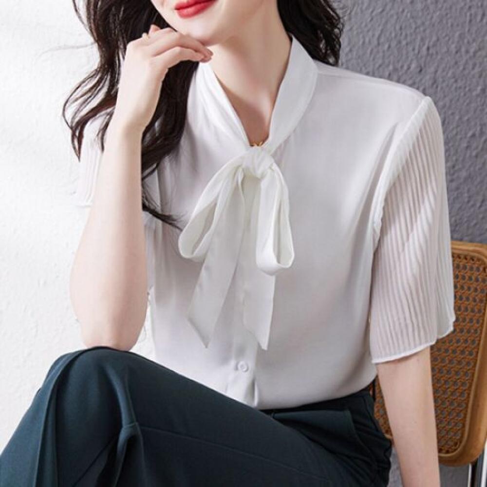 Navava Women Luxury Trumpet Sleeve Ribbon Neck Blouse Nb1457
