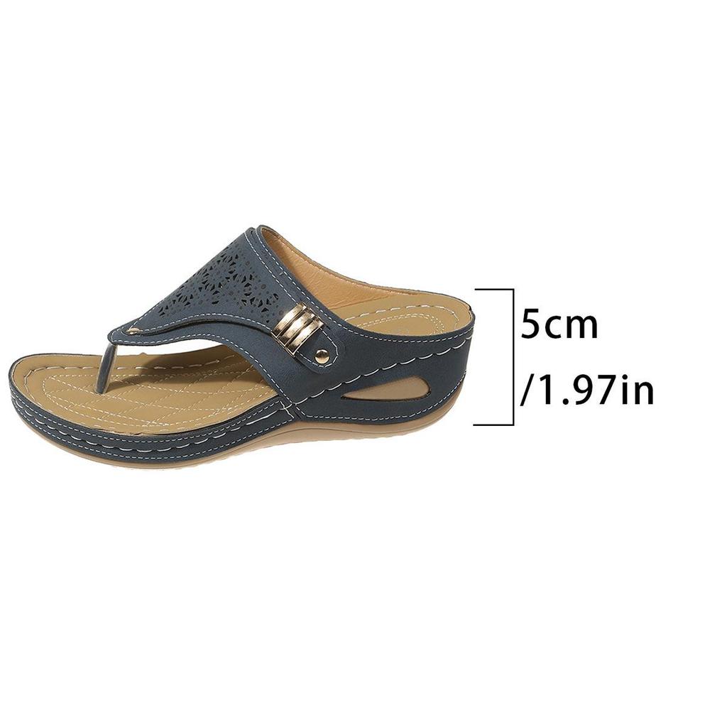 2024 Summer Women's Plus Size Round Toe Thick Sole Fashion Sandals - Solid Color & Hollow Out Thong Style