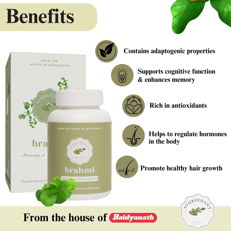 Baidyanath Ayurvedant Brahmi Tablets For Memory, Focus, Clarity And Stress Relief | Natural Cognitive Support | 60 Tablets