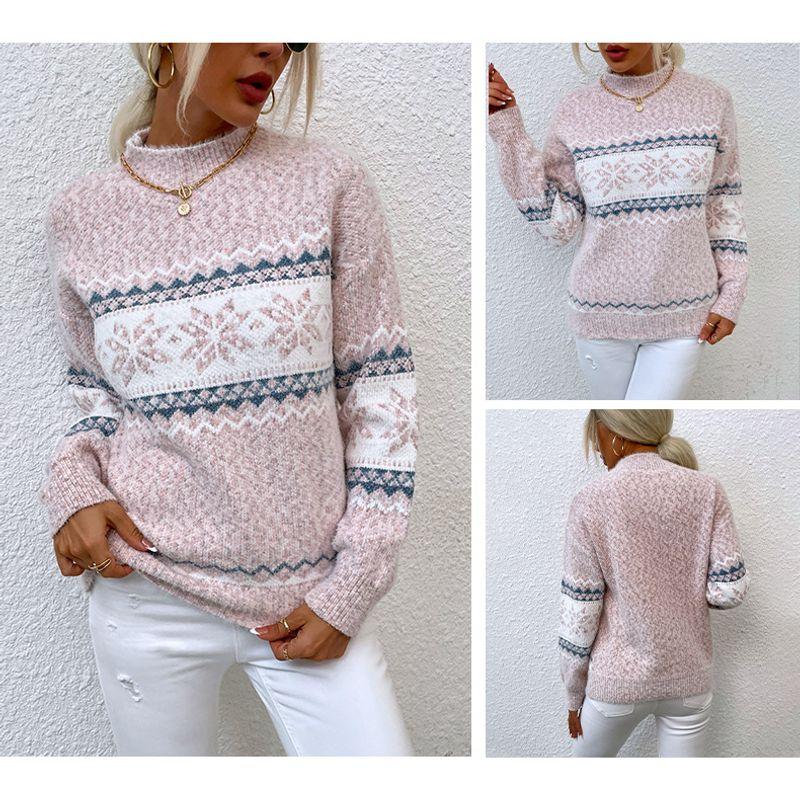European Autumn and Winter Fashion Christmas Christmas Snowflake Pattern Half-high Collar Long sleeve Knit sweater Women Sweater