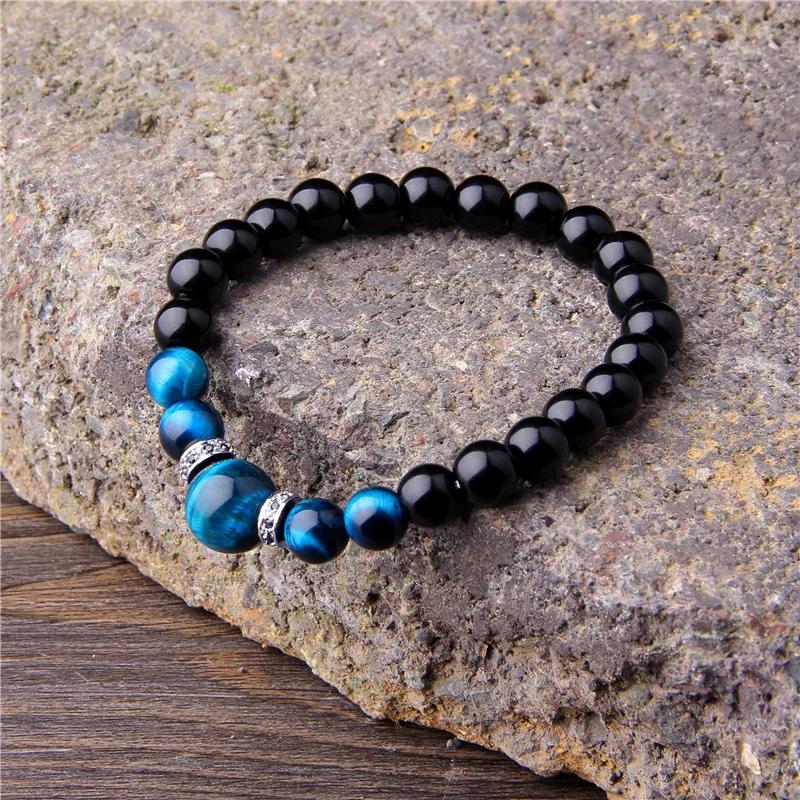 Natural Stone Bracelets Men Royal Blue Tiger Eye Bracelets Healthy Energy Bangle Fashion CZ Charm Black Onyx Beads Pulsera