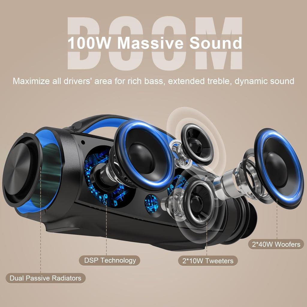 DOSS Extreme Boom Pro Bluetooth High 46 Hours IPX6 Enhanced Passive Ideal for TWS Shoulder Strap Included Speaker, Wireless, 100W, Volume, Playback,