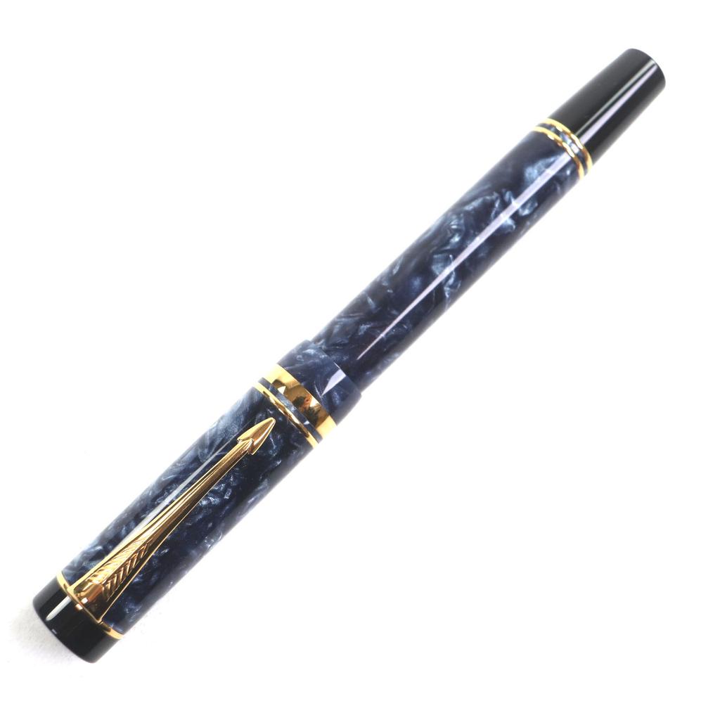 Excellent PARKER Fountain Pen Duo Fold Marble Blue International Navy Black Gold 18K Mens Used