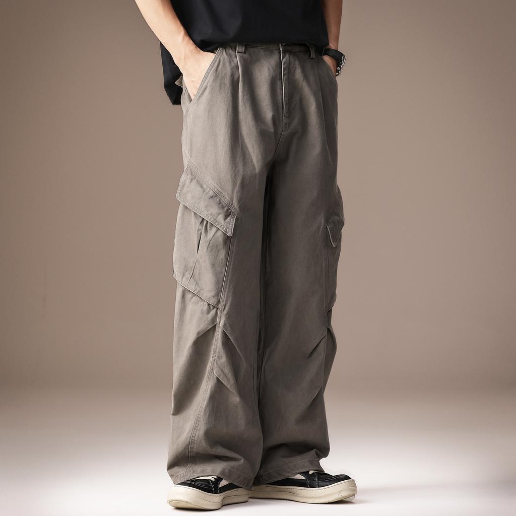 High-end American retro multi-pocket overalls men's summer trendy brand straight pleated loose wide-leg casual pants men