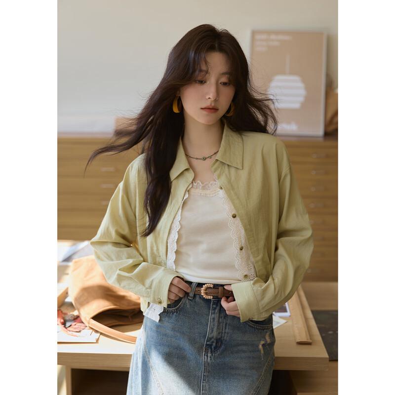 Women s Apple Green Faux Two-Piece Lace-Spliced V-Neck Blouse S