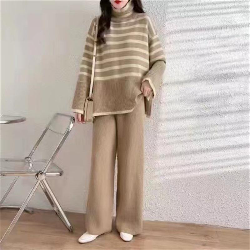 Striped turtleneck sweater wide-leg pants two-piece suit for women's autumn and winter new thin loose casual long-sleeved knitted sweater for women