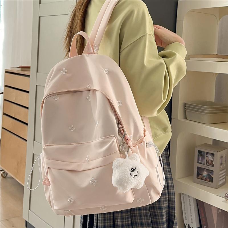 Cute Floral Embroidered Nylon Backpack for Women & Teens – Pastel Green Design with Multiple Pockets, Perfect for School and Daily Use