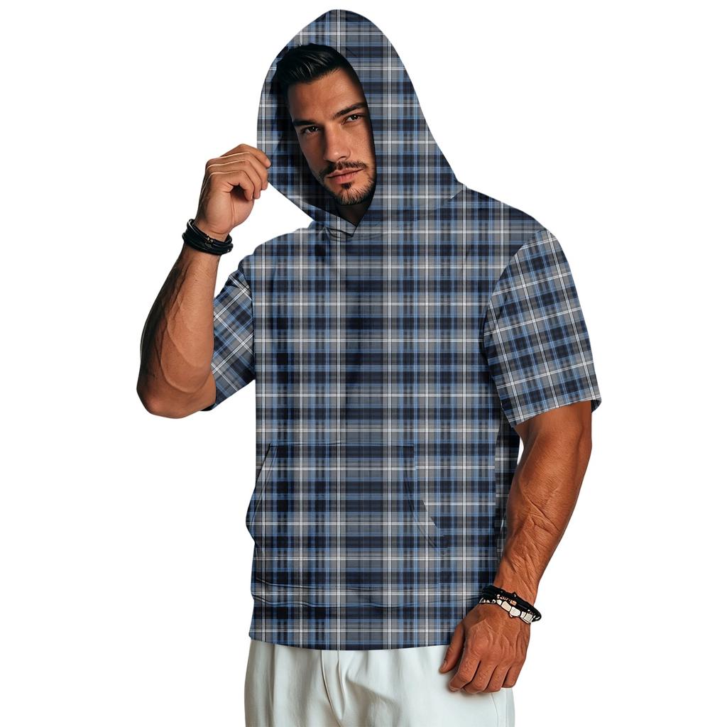 Felpa con Cappuccio da Uomo a Maniche Corte con Stampa a Quadri Retrò, Pullover Leggero Casual per l'Uso Quotidiano