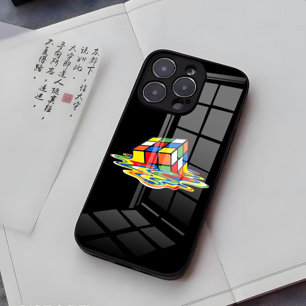 Cool Funny Rubiks Cube Phone Case For IPhone 17 Air 16 E Pro Max 15 14 13 Mini 12 Pro 11 Max Plus Black Glass Cover