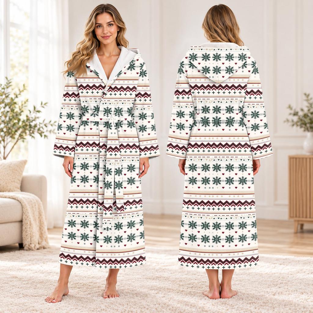 Unisex Long Christmas Print Flannel Bathrobe, Absorbent Quick-Dry Sleep Robe for Men and Women