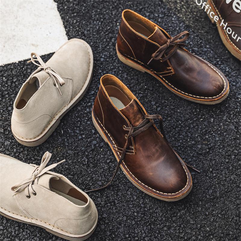 Spring/Summer Crazy Horse Leather British-Style Men's Desert Boots - Mid-Cut Lace-Up Cowhide Martin Work Boots
